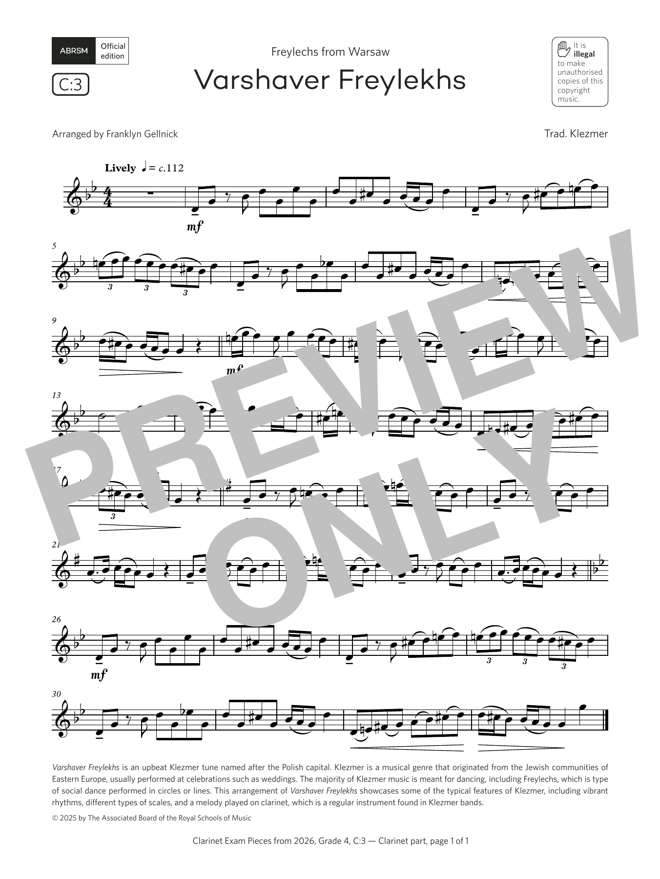 Trad. Klezmer Varshaver Freylekhs (Grade 4, list C3, from the ABRSM Clarinet Syllabus from 2026) sheet music notes and chords arranged for Clarinet Solo