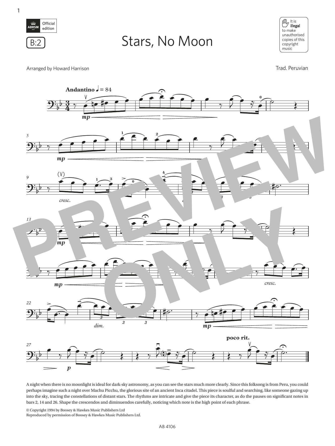 Trad. Peruvian Stars, No Moon (Grade 3, B2, from the ABRSM Cello Syllabus from 2024) sheet music notes and chords arranged for Cello Solo