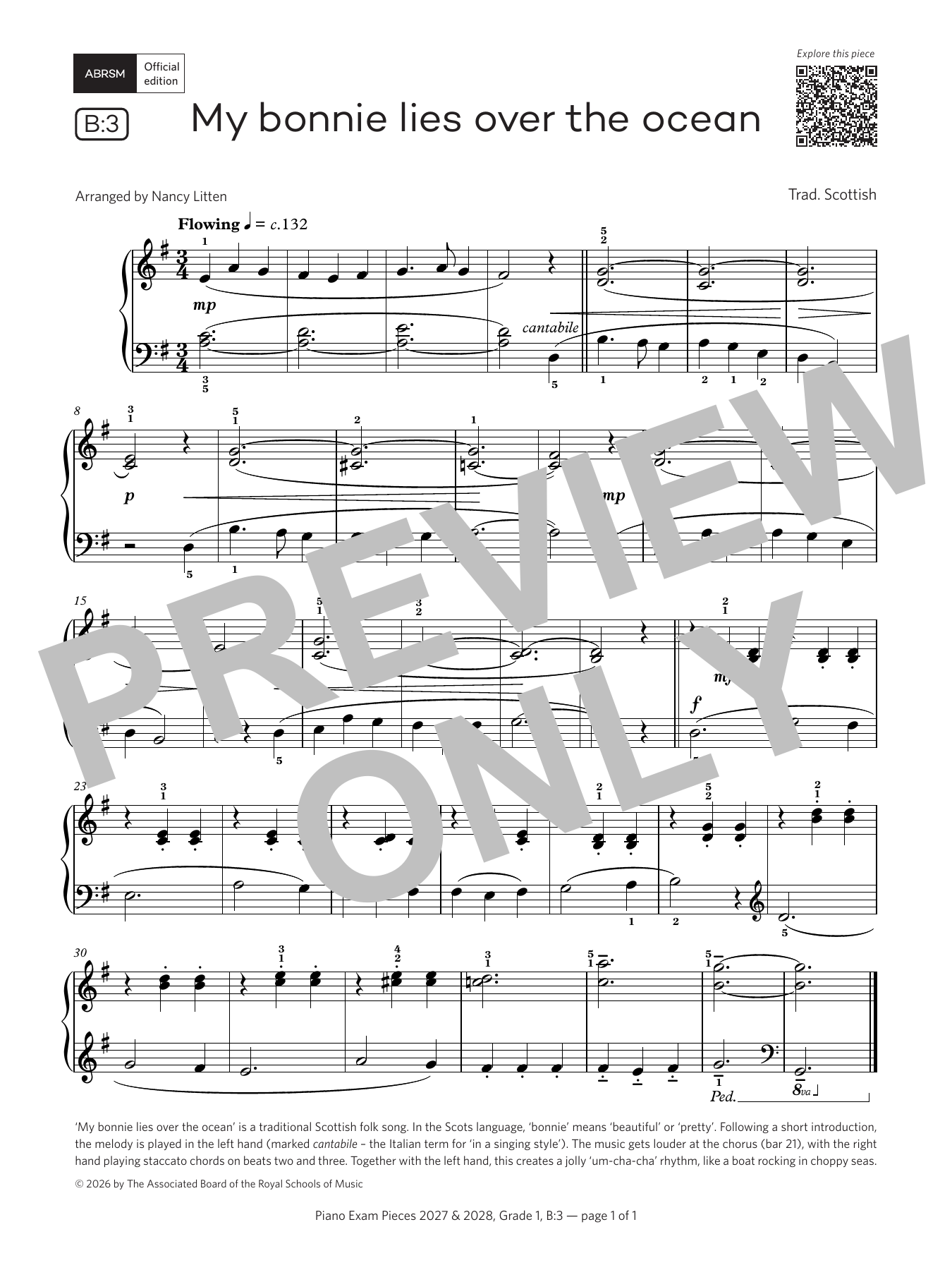 Trad. Scottish My bonnie lies over the ocean (Grade 1, list B3, from the ABRSM Piano Syllabus 2027 & 2028) sheet music notes and chords arranged for Piano Solo