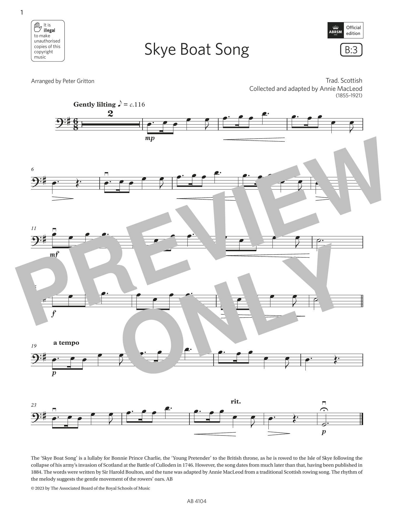 Trad. Scottish Skye Boat Song (Grade 1, B3, from the ABRSM Cello Syllabus from 2024) sheet music notes and chords arranged for Cello Solo