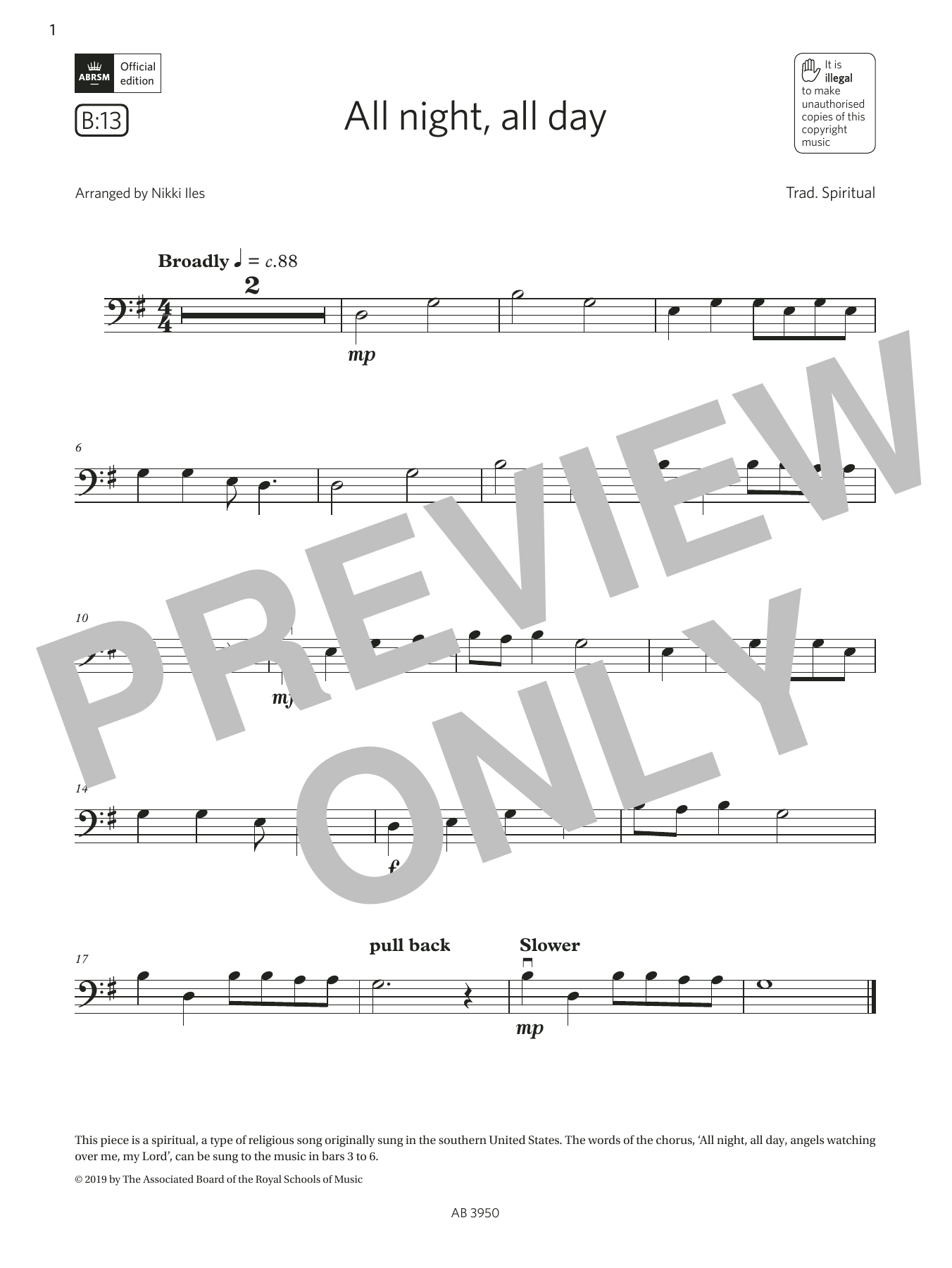 Trad. Spiritual All Night, All Day (Grade Initial, B13, from the ABRSM Double Bass Syllabus from 2024) sheet music notes and chords arranged for String Bass Solo