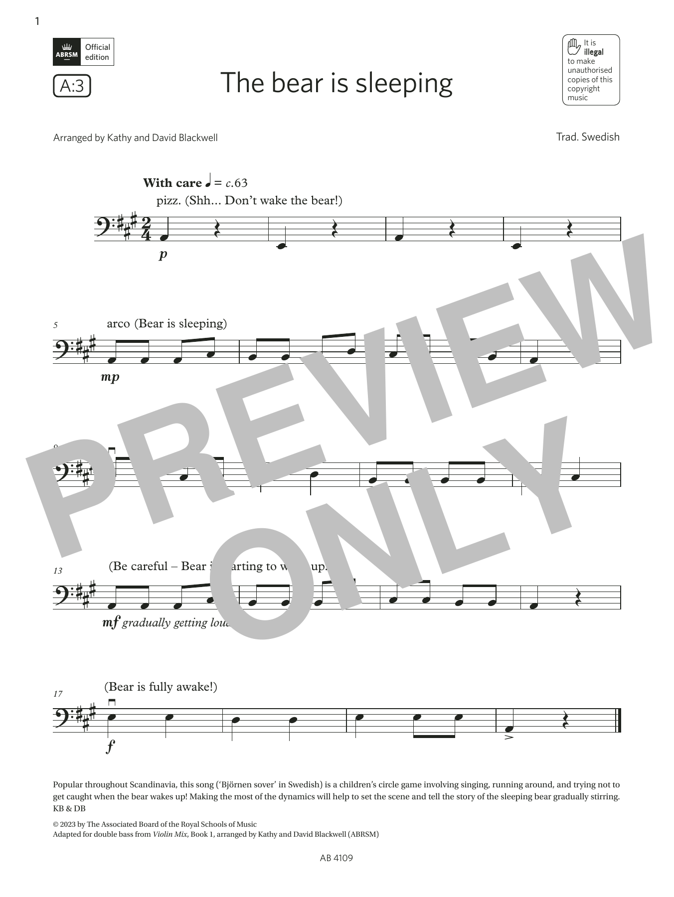 Trad. Swedish The bear is sleeping (Grade Initial, A3, from the ABRSM Double Bass Syllabus from 2024) sheet music notes and chords arranged for String Bass Solo