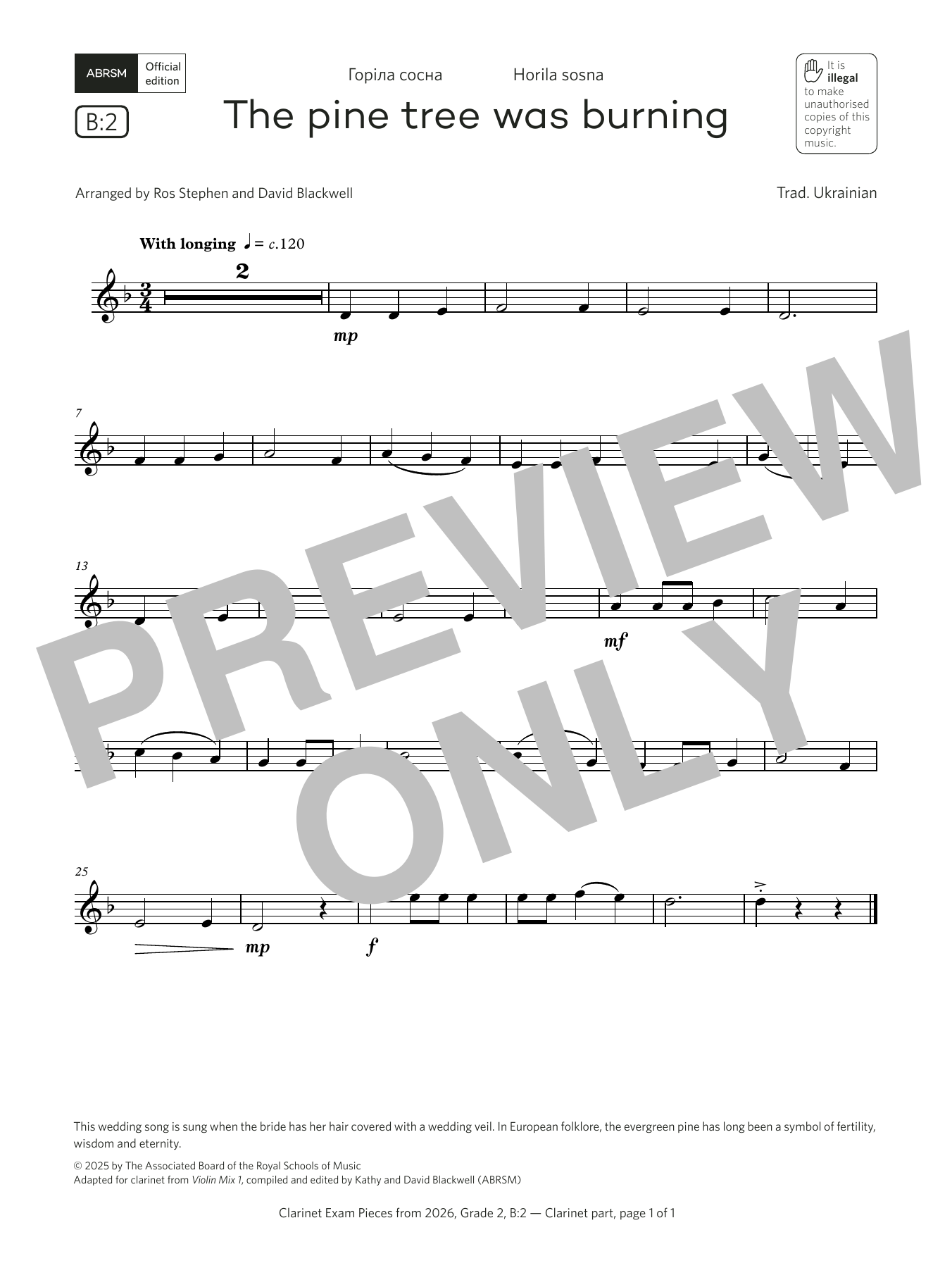 Trad. Ukrainian The pine tree was burning (Grade 2, list B2, from the ABRSM Clarinet Syllabus from 2026) sheet music notes and chords arranged for Clarinet Solo