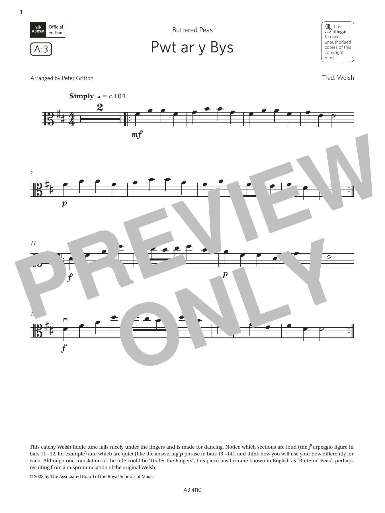 Trad. Welsh Pwt ar y Bys (Grade Initial, A3, from the ABRSM Viola Syllabus from 2024) sheet music notes and chords arranged for Viola Solo