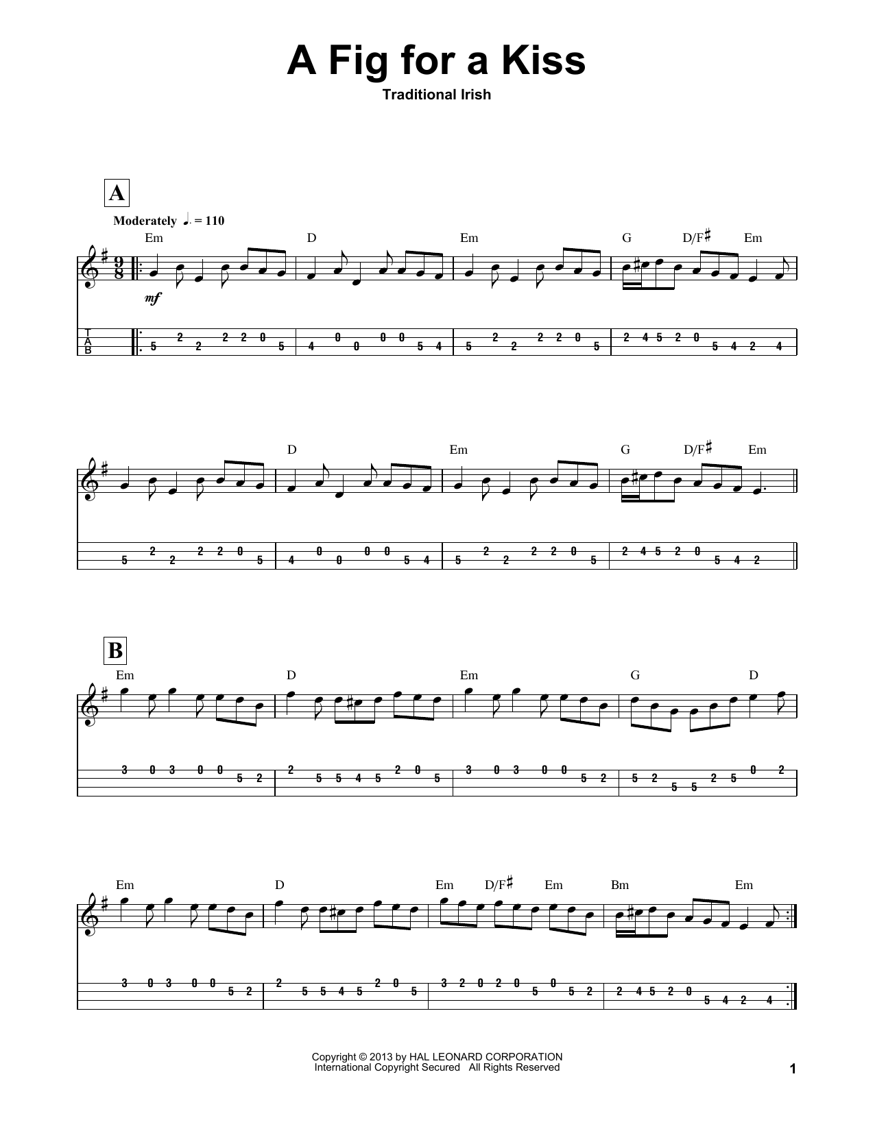 Traditional A Fig For A Kiss sheet music notes and chords arranged for Mandolin Tab