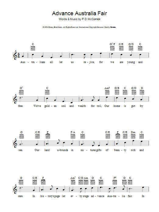 Traditional Advance Australia Fair sheet music notes and chords arranged for Lead Sheet / Fake Book