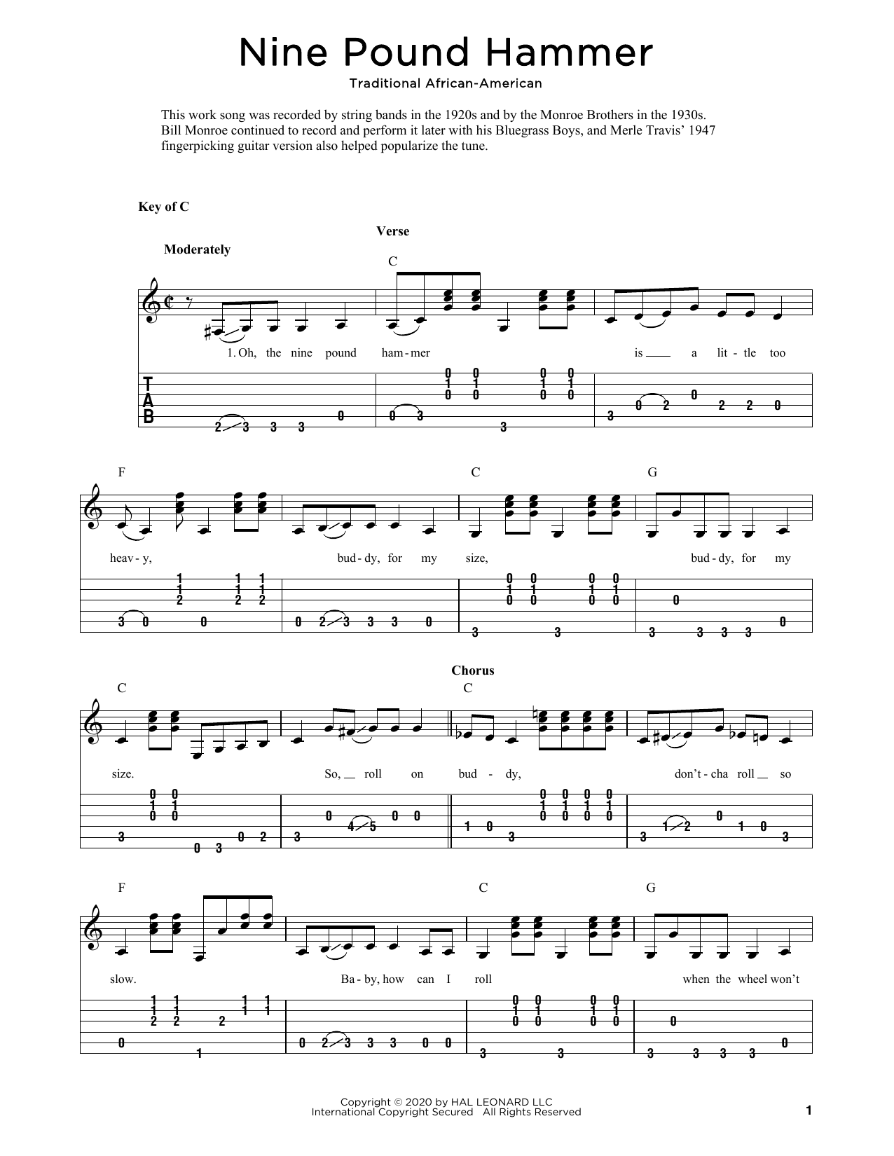Traditional African-American Nine Pound Hammer (arr. Fred Sokolow) sheet music notes and chords arranged for Solo Guitar