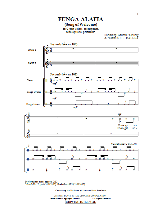 Traditional African Folk Song Funga Alafia (arr. Jill Gallina) sheet music notes and chords arranged for 2-Part Choir