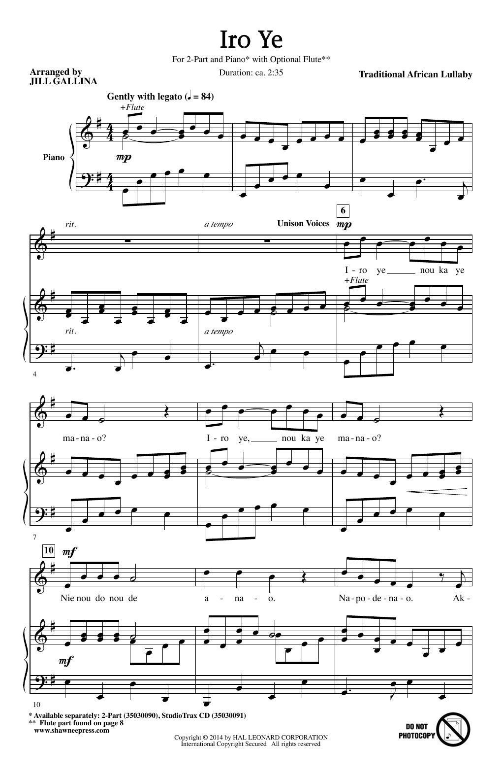 Traditional African Lullaby Iro Ye (arr. Jill Gallina) sheet music notes and chords arranged for 2-Part Choir