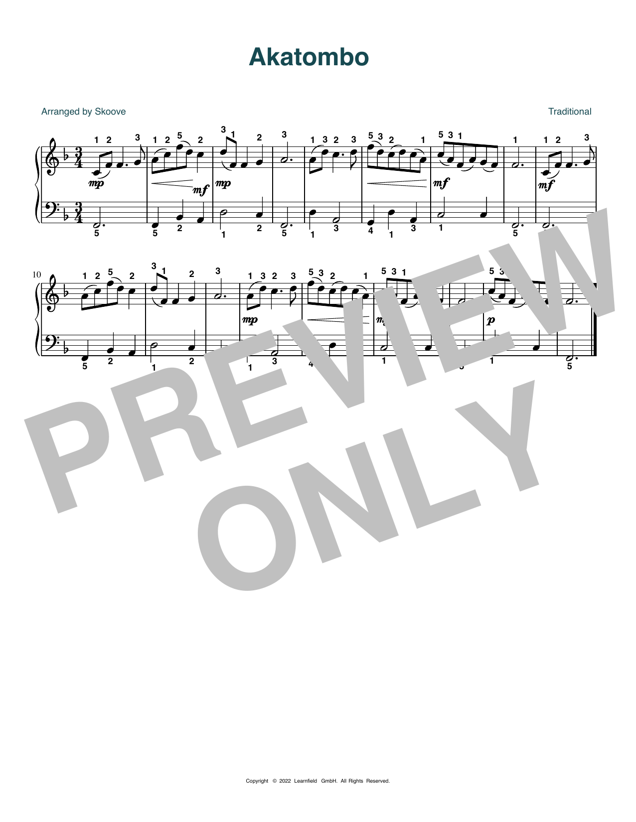 Traditional Akatombo (arr. Skoove) sheet music notes and chords arranged for Easy Piano