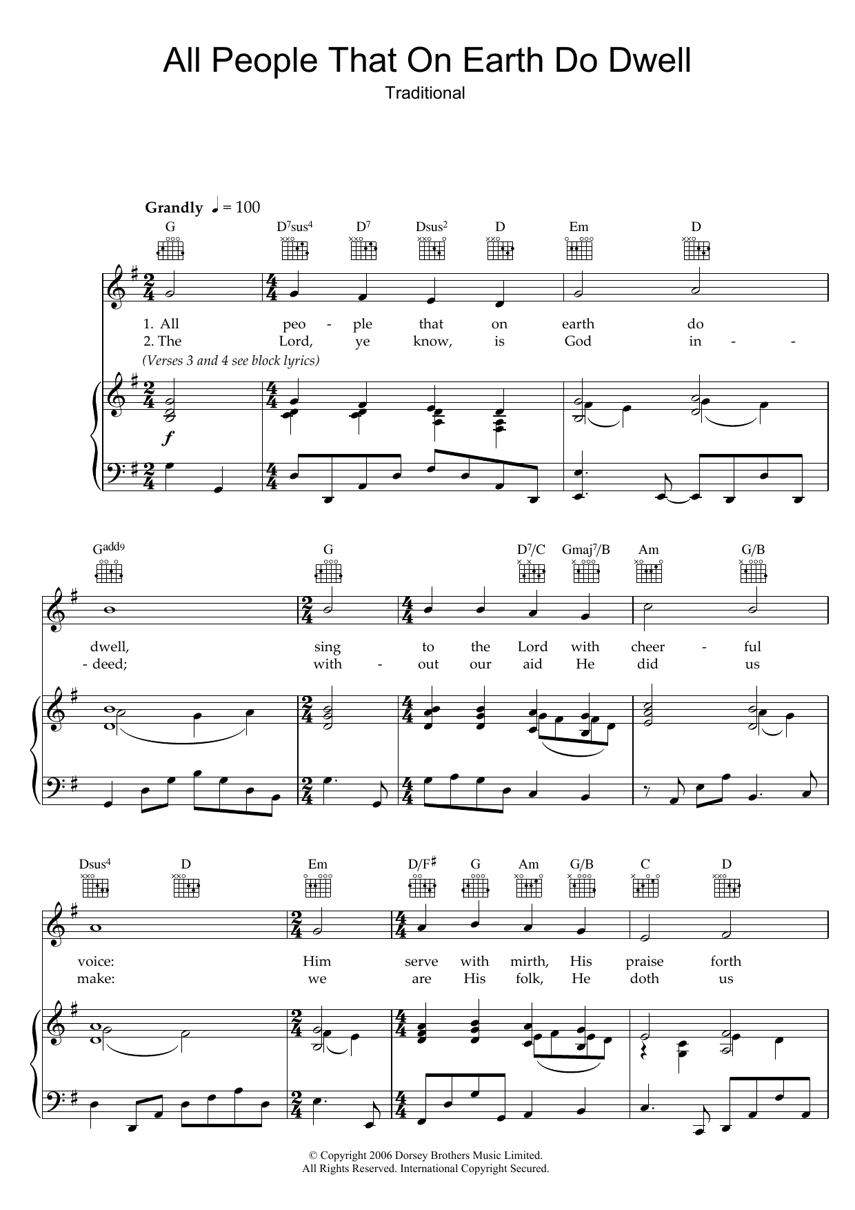 Traditional All People That On Earth Do Dwell sheet music notes and chords arranged for Piano, Vocal & Guitar Chords