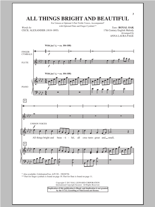 Traditional All Things Bright And Beautiful (arr. Anna Laura Page) sheet music notes and chords arranged for 2-Part Choir
