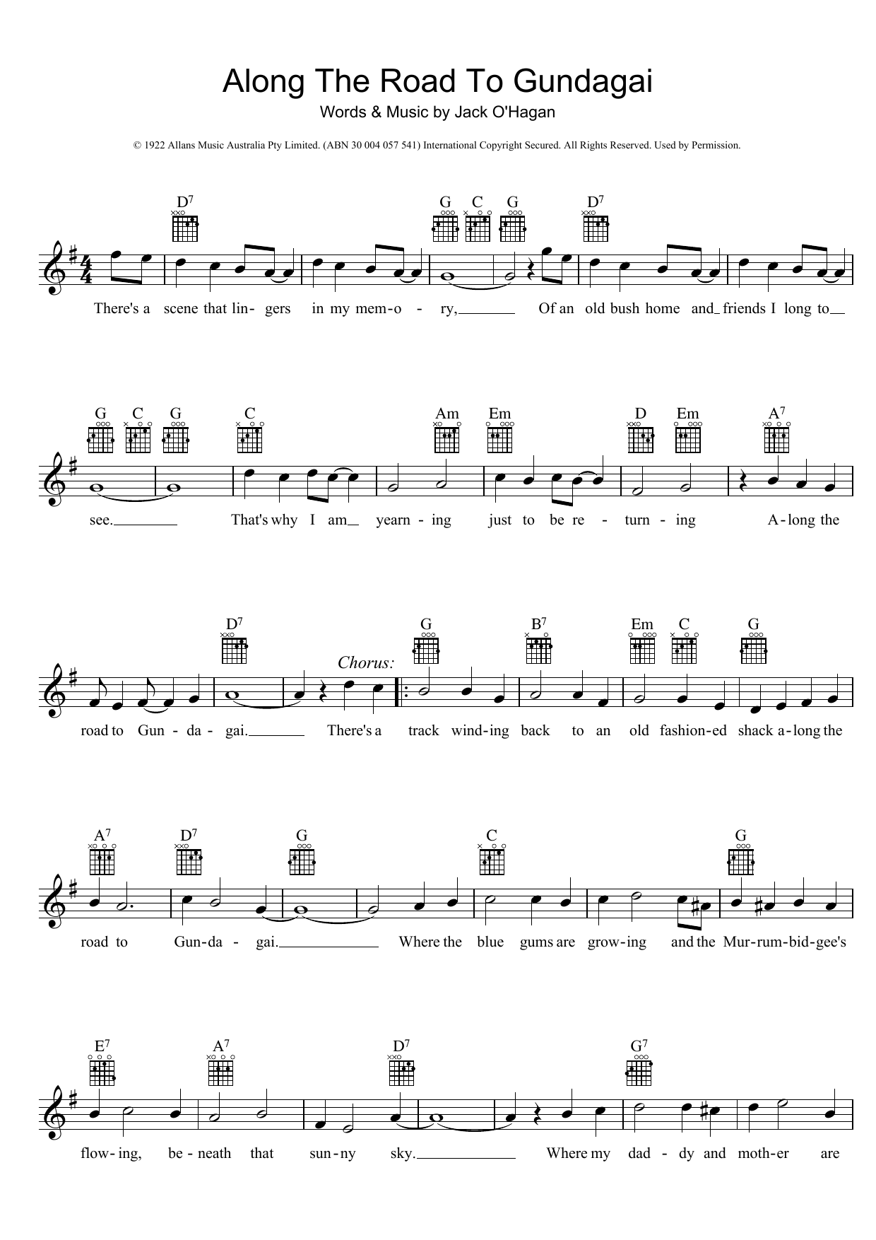 Traditional Along The Road To Gundagai sheet music notes and chords arranged for Lead Sheet / Fake Book