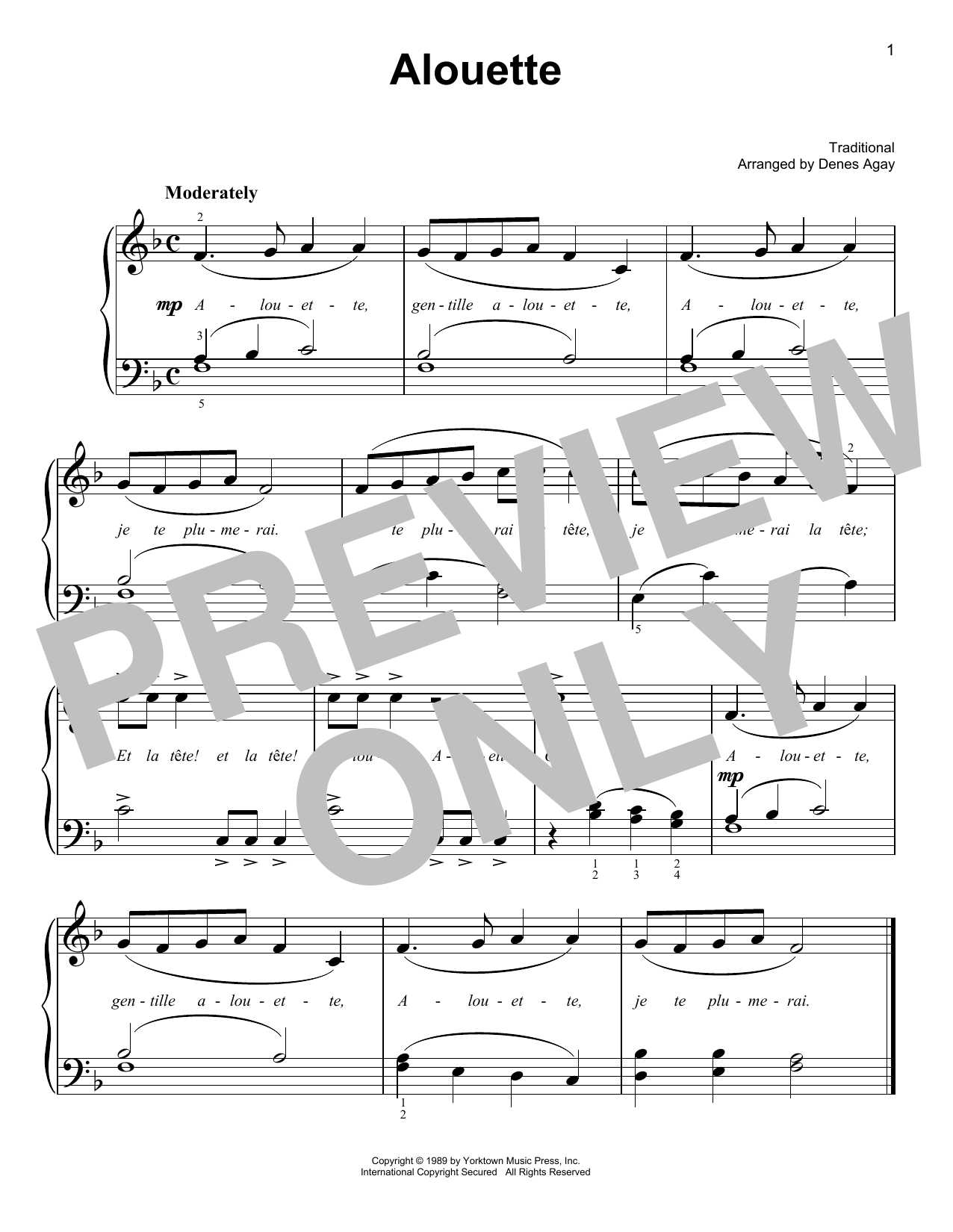 Traditional Alouette (arr. Denes Agay) sheet music notes and chords arranged for Easy Piano