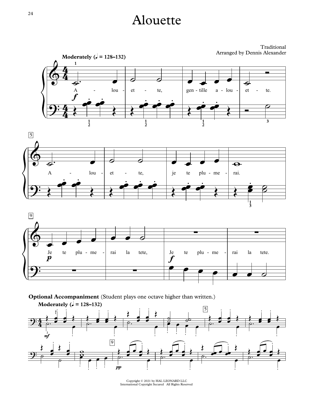 Traditional Alouette (arr. Dennis Alexander) sheet music notes and chords arranged for Educational Piano