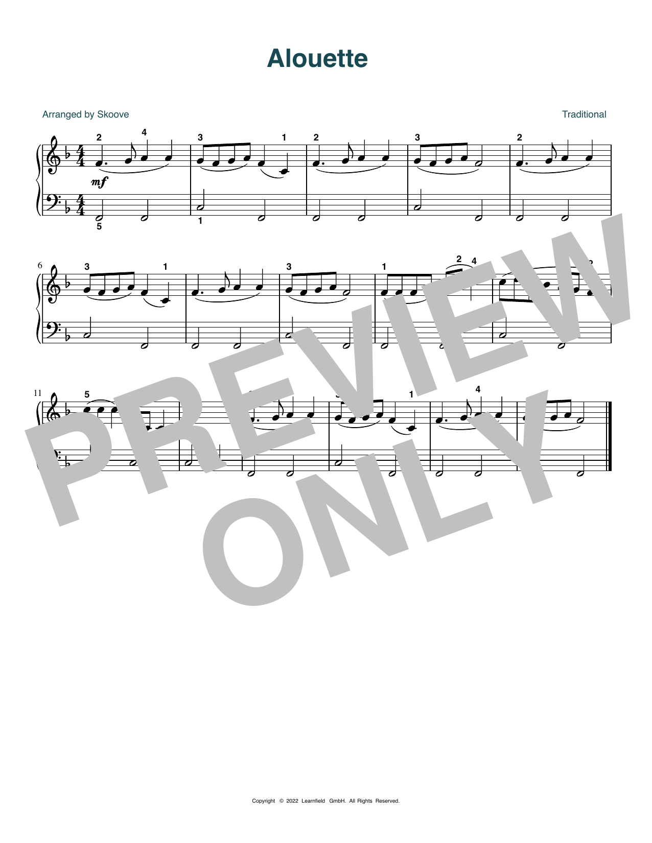 Traditional Alouette (arr. Skoove) sheet music notes and chords arranged for Easy Piano