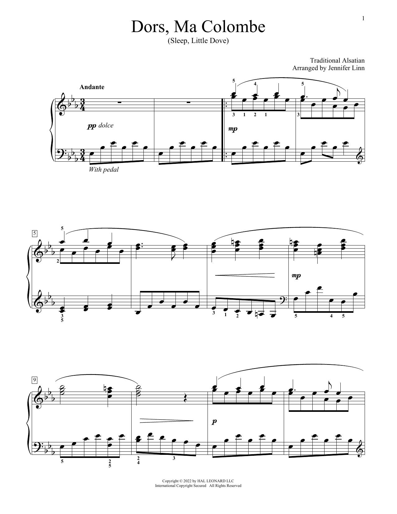 Traditional Alsatian Sleep Little Dove (arr. Jennifer Linn) sheet music notes and chords arranged for Educational Piano