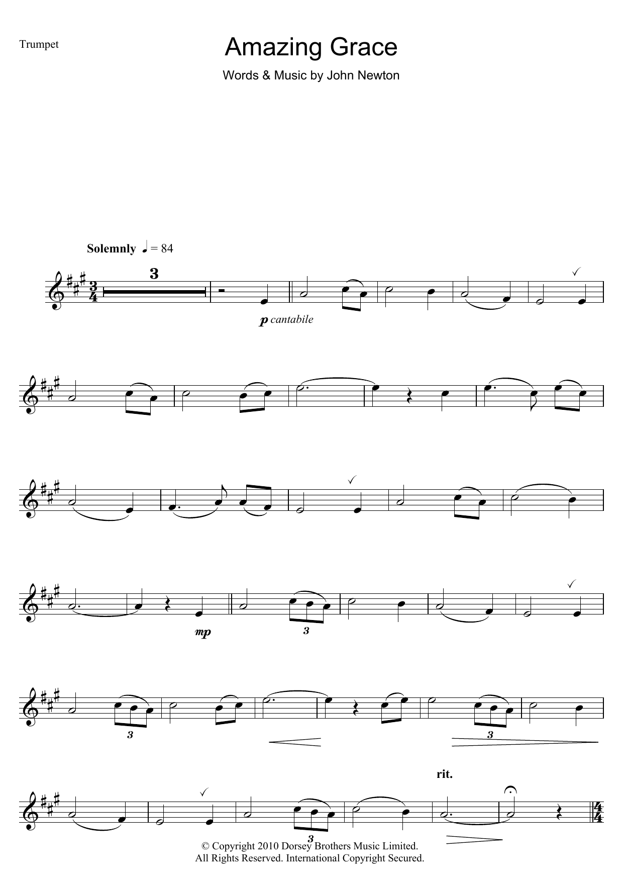 Traditional Amazing Grace sheet music notes and chords arranged for Instrumental Solo