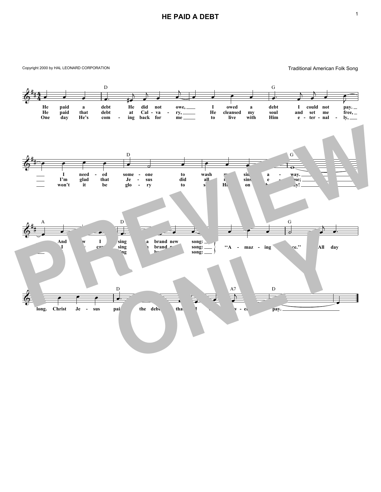 Traditional American Folk Song He Paid A Debt sheet music notes and chords arranged for Lead Sheet / Fake Book