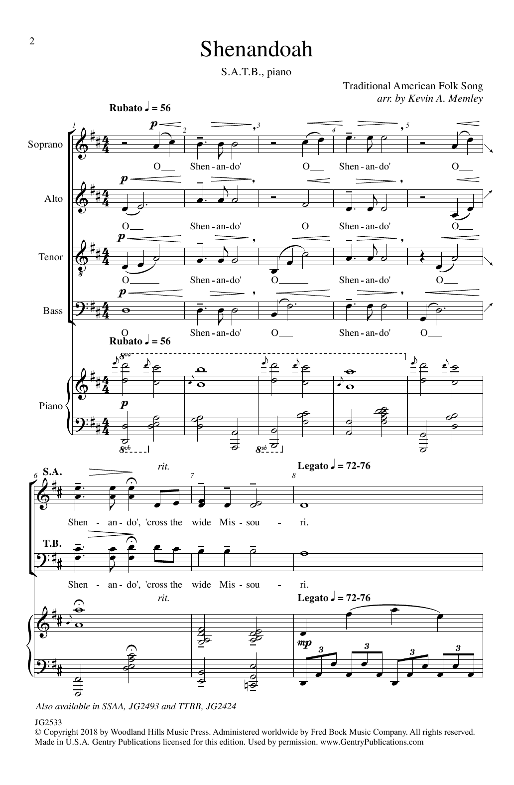 Traditional American Folk Song Shenandoah (arr. Kevin A. Memley) sheet music notes and chords arranged for SATB Choir