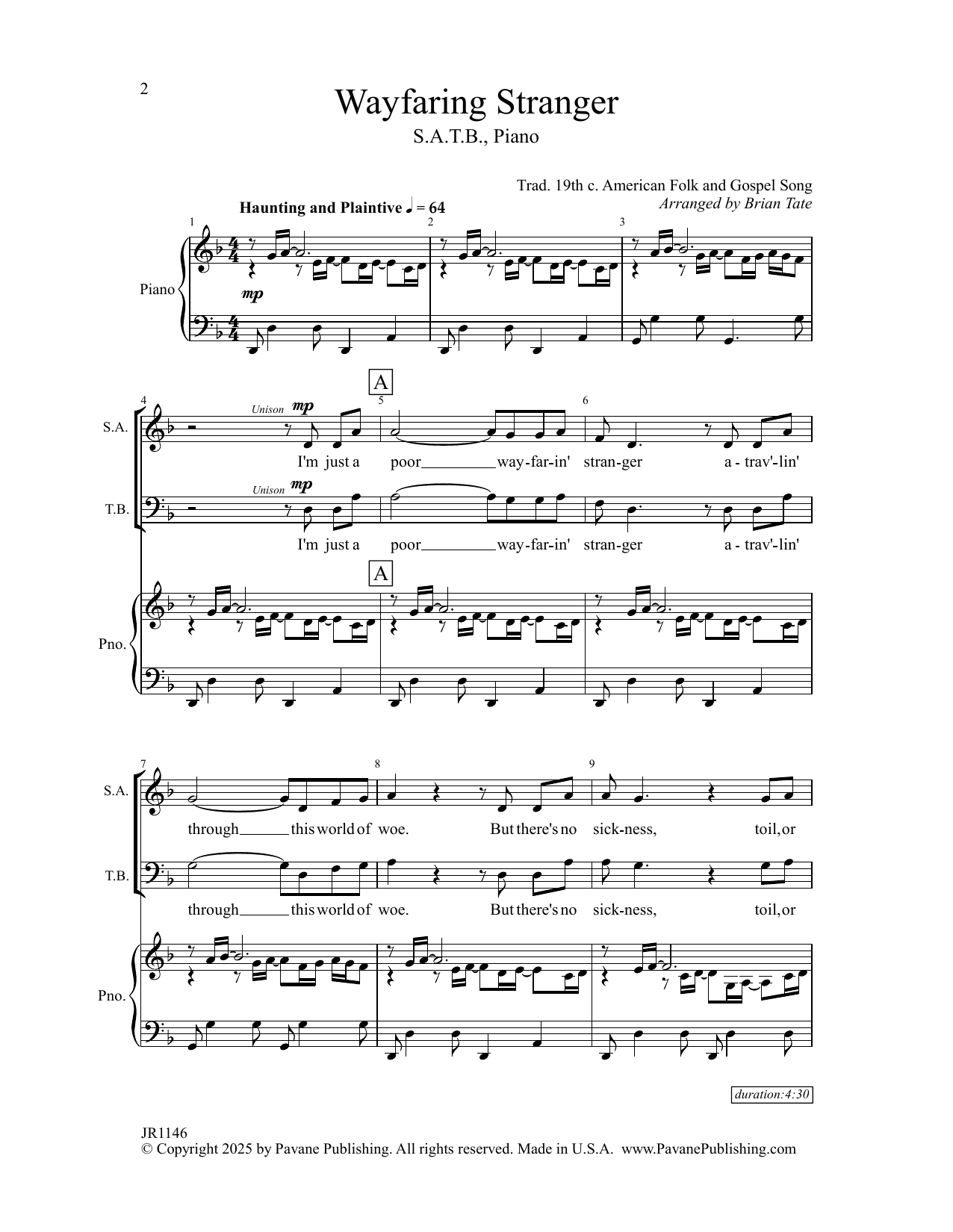 Traditional American Folk Song Wayfaring Stranger (arr. Brian Tate) sheet music notes and chords arranged for SATB Choir