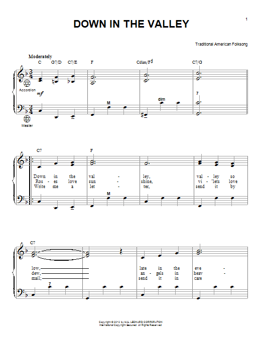 Traditional American Folksong Down In The Valley (arr. Gary Meisner) sheet music notes and chords arranged for Accordion