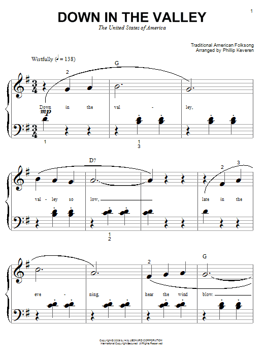 Traditional American Folksong Down In The Valley (arr. Phillip Keveren) sheet music notes and chords arranged for Big Note Piano
