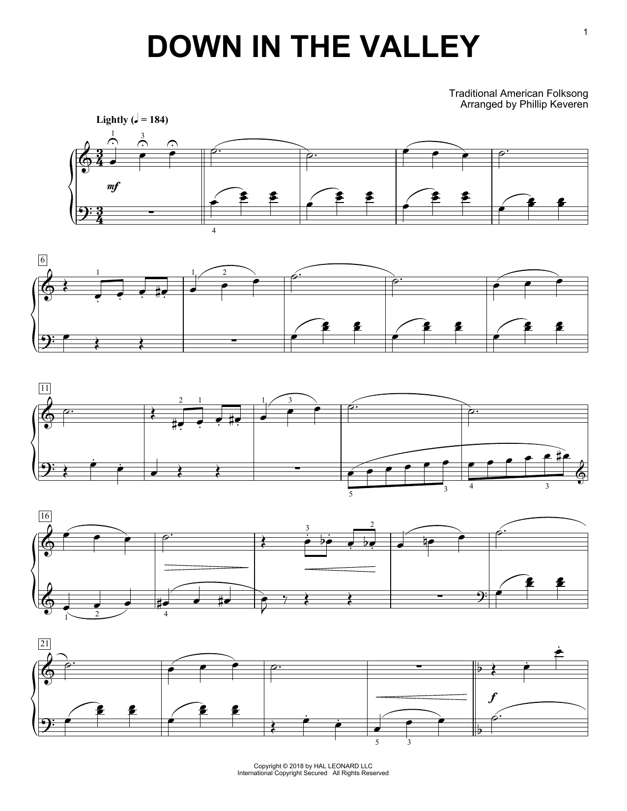 Traditional American Folksong Down In The Valley [Classical version] (arr. Phillip Keveren) sheet music notes and chords arranged for Piano Solo