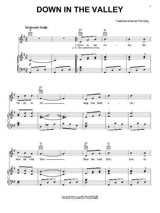 Traditional American Folksong Down In The Valley sheet music notes and chords arranged for Super Easy Piano