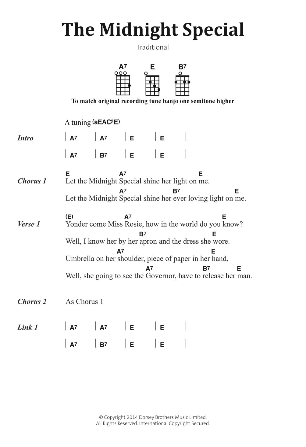Traditional American Folksong The Midnight Special sheet music notes and chords arranged for Banjo Chords/Lyrics