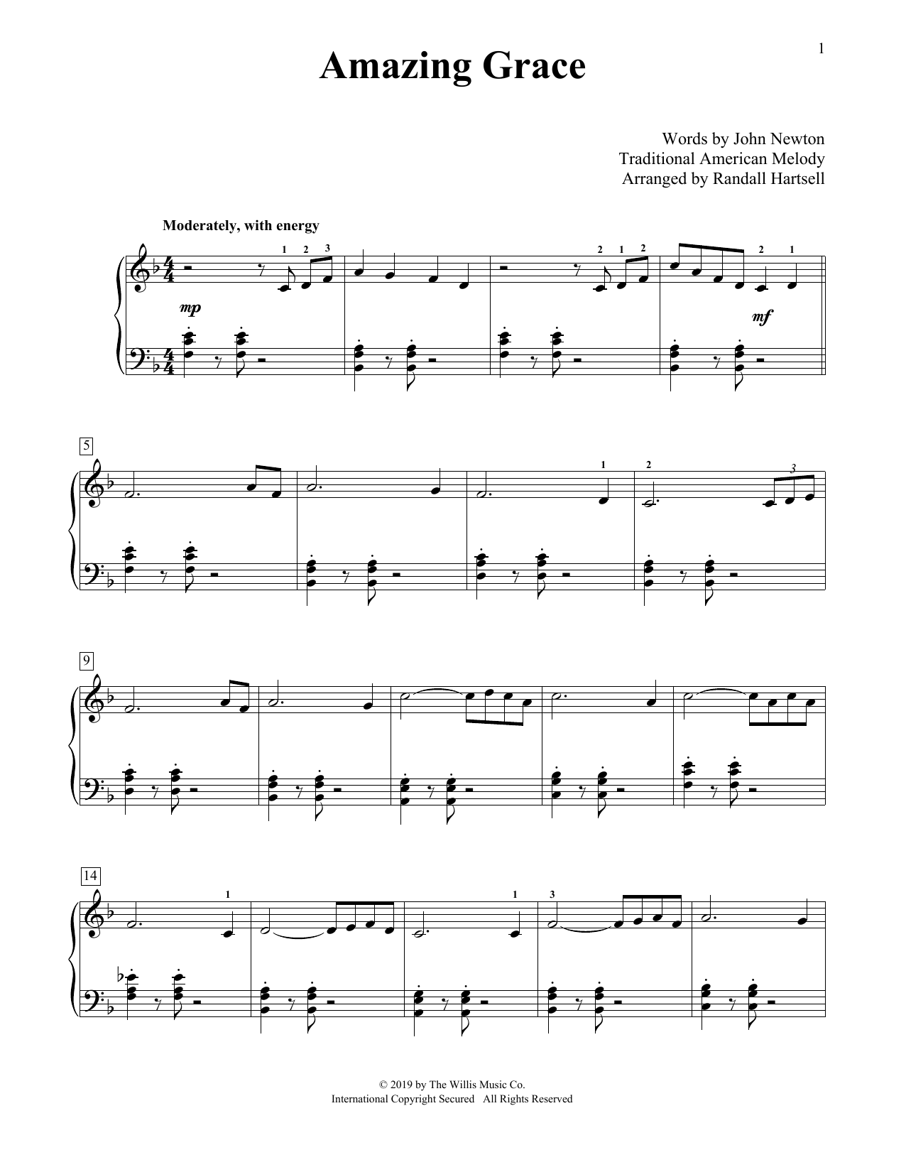 Traditional American Melody Amazing Grace (arr. Randall Hartsell) sheet music notes and chords arranged for Educational Piano