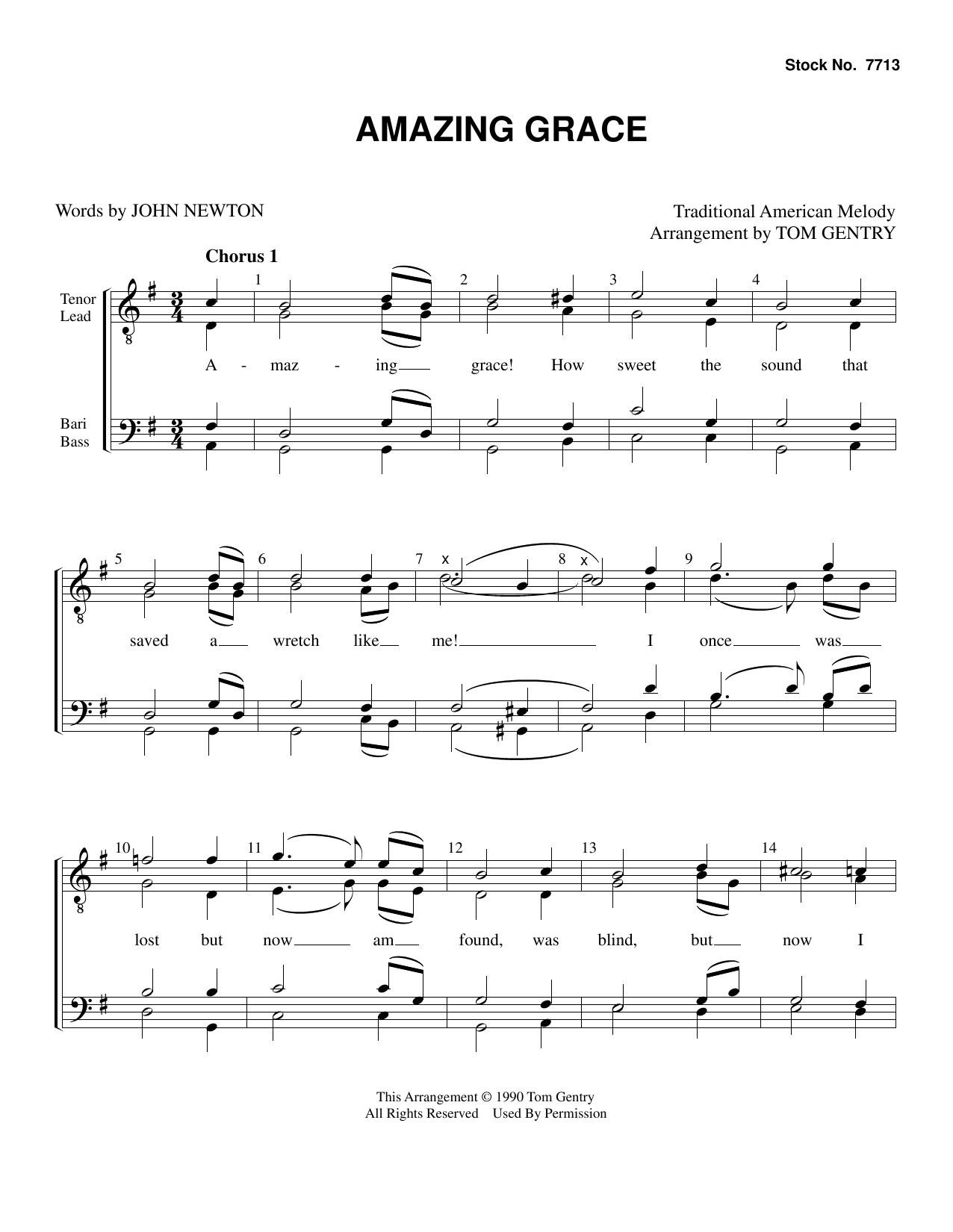 Traditional American Melody Amazing Grace (arr. Tom Gentry) sheet music notes and chords arranged for SATB Choir