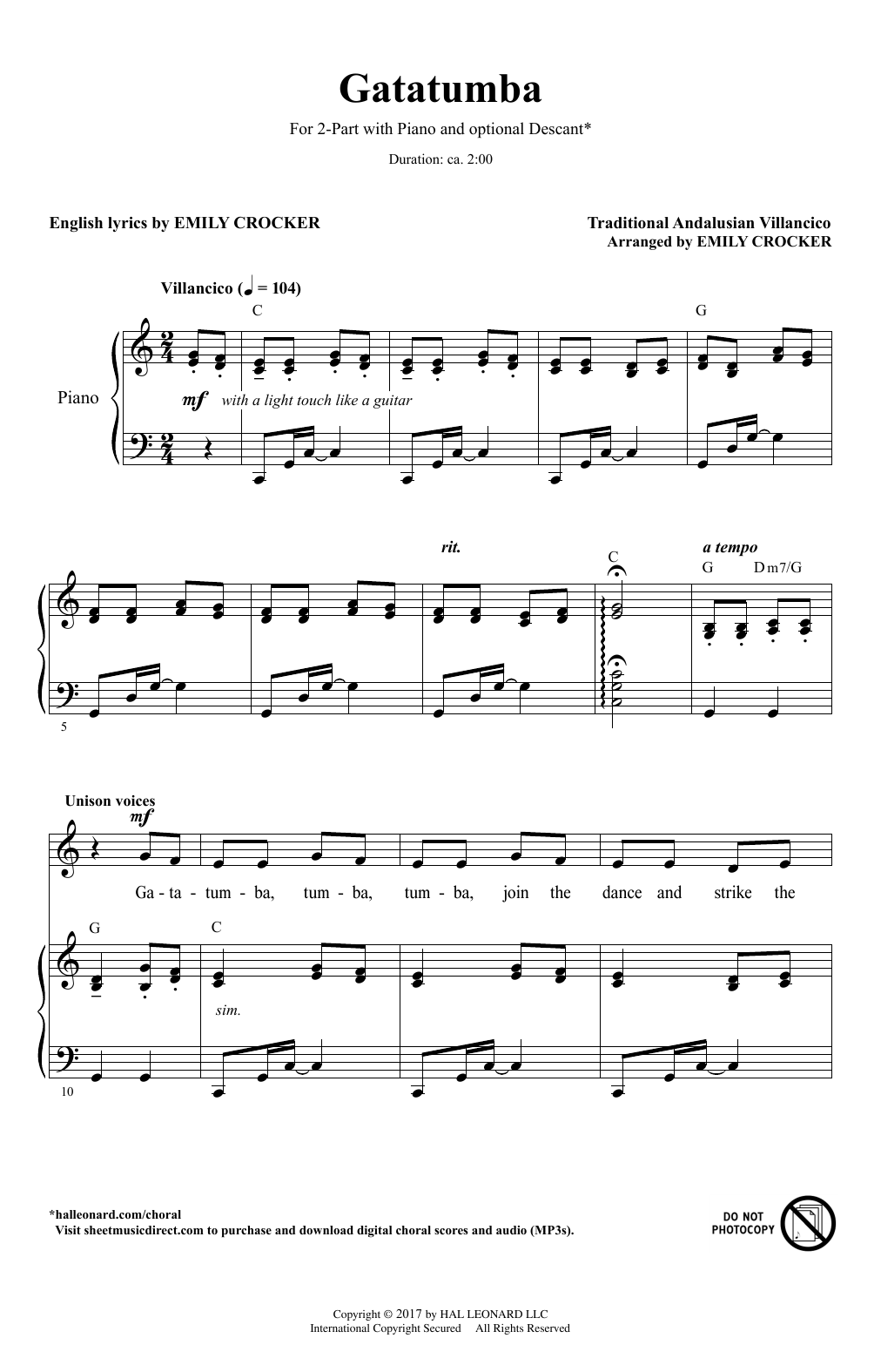 Traditional Andalusian Villancico Gatatumba (arr. Emily Crocker) sheet music notes and chords arranged for 2-Part Choir