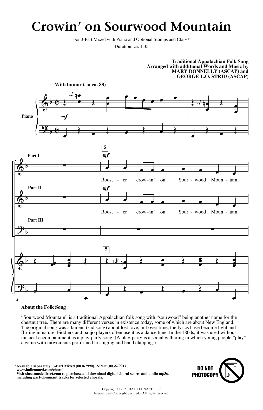 Traditional Appalachian Folk Song Crowin' On Sourwood Mountain (arr. Mary Donnelly and George L.O. Strid) sheet music notes and chords arranged for 2-Part Choir
