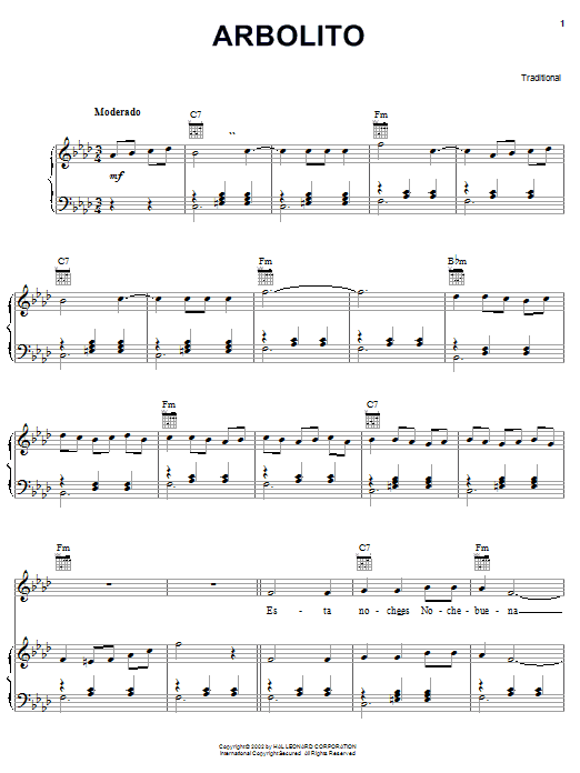 Traditional Arbolito sheet music notes and chords arranged for Piano, Vocal & Guitar Chords (Right-Hand Melody)