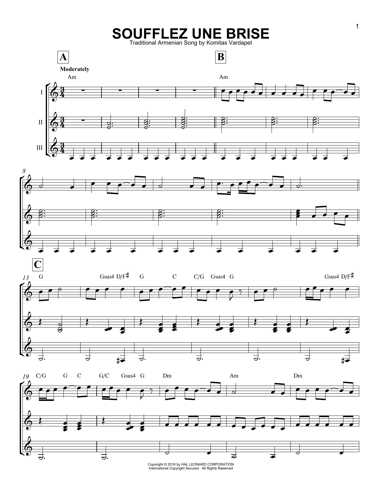 Traditional Armenian Song Soufflez Une Brise sheet music notes and chords arranged for Guitar Ensemble