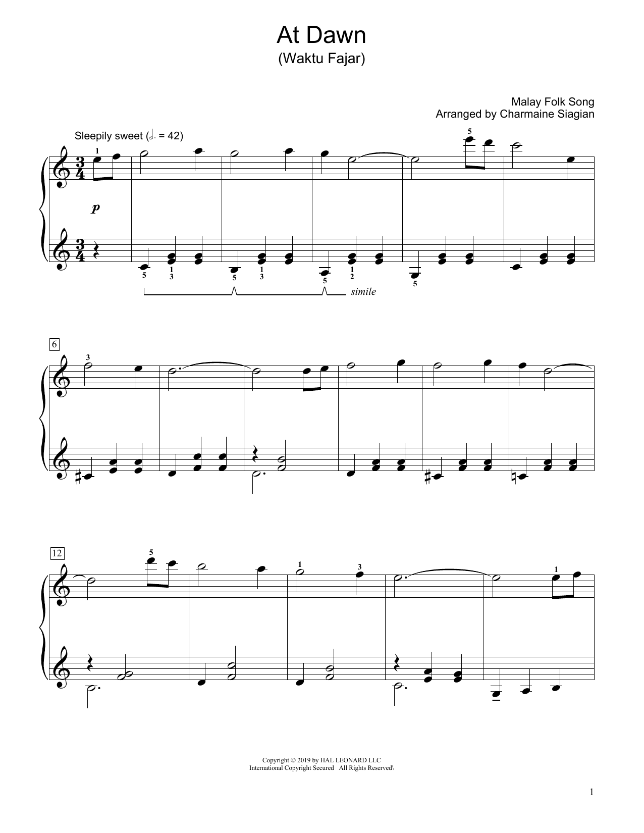 Traditional At Dawn (Waktu Fajar) (arr. Charmaine Siagian) sheet music notes and chords arranged for Educational Piano