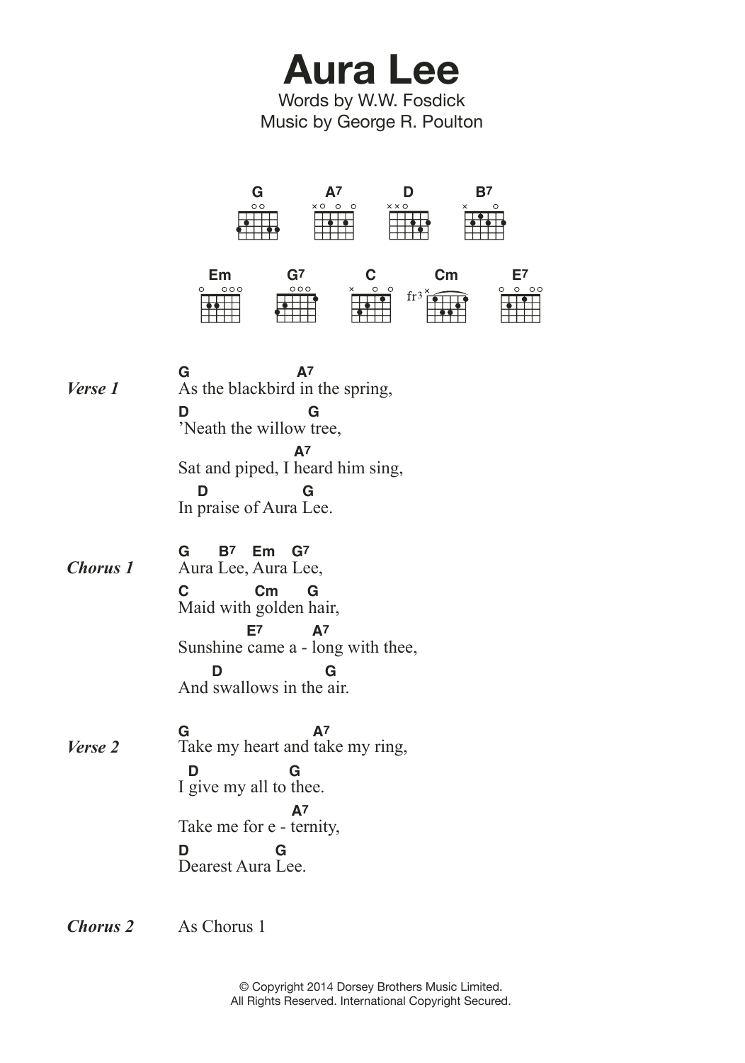 Traditional Aura Lee sheet music notes and chords arranged for Guitar Chords/Lyrics
