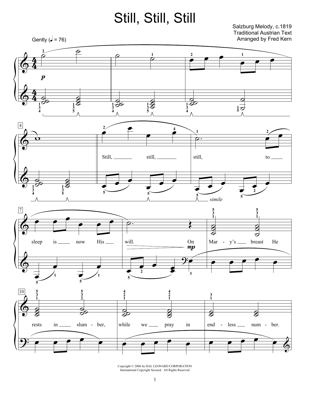 Traditional Austrian Text Still, Still, Still (arr. Fred Kern) sheet music notes and chords arranged for Educational Piano