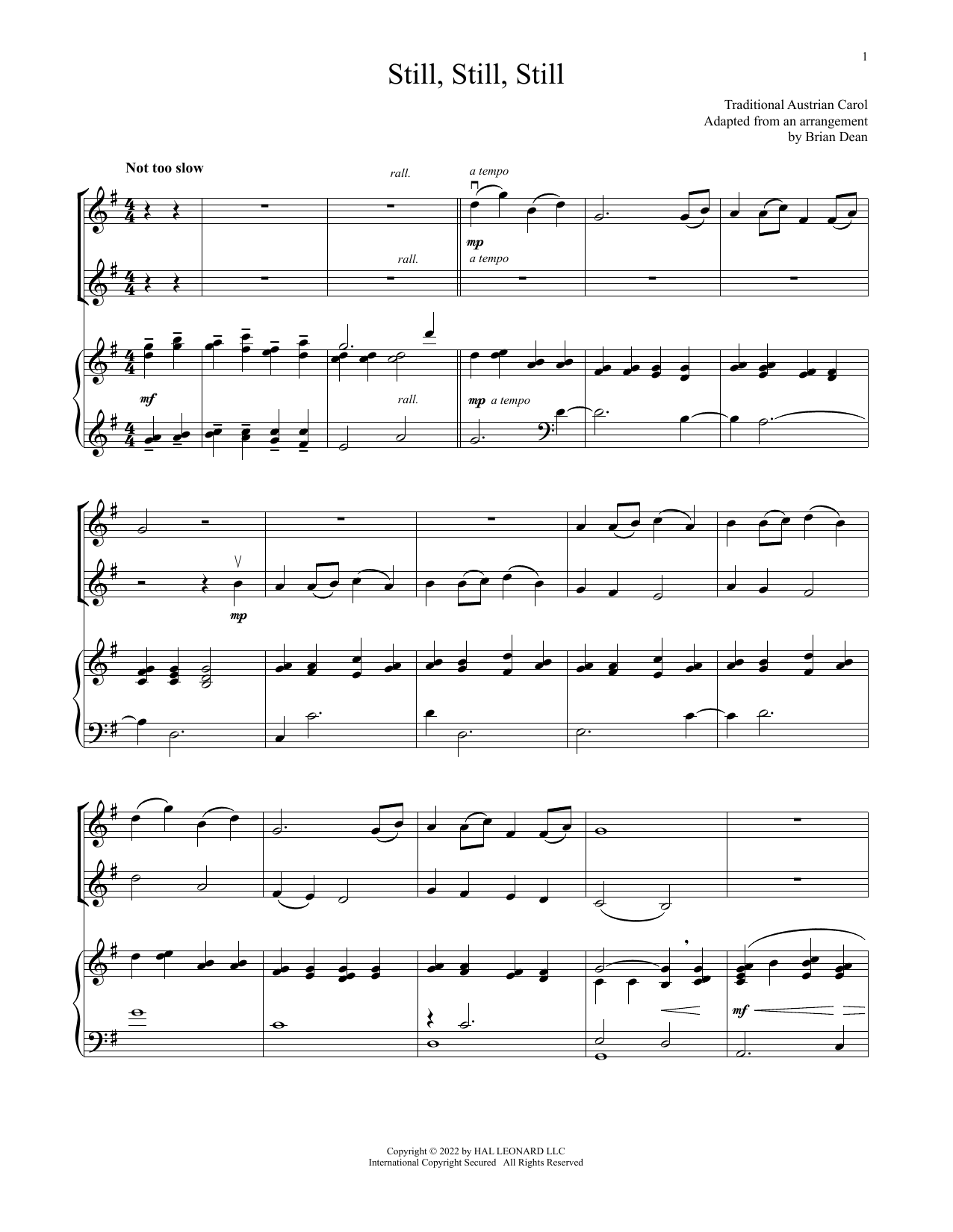 Traditional Austrian Text Still, Still, Still (for Violin Duet and Piano) sheet music notes and chords arranged for Violin and Piano