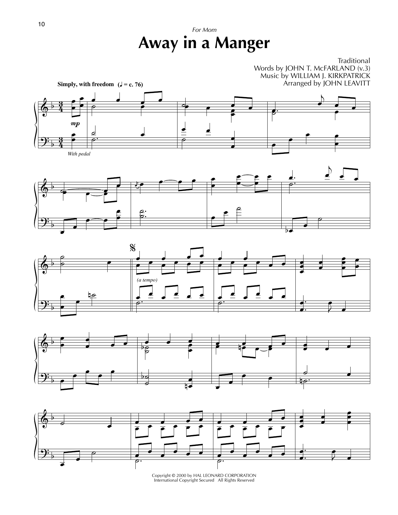 Traditional Away In A Manger (arr. John Leavitt) sheet music notes and chords arranged for Piano Solo