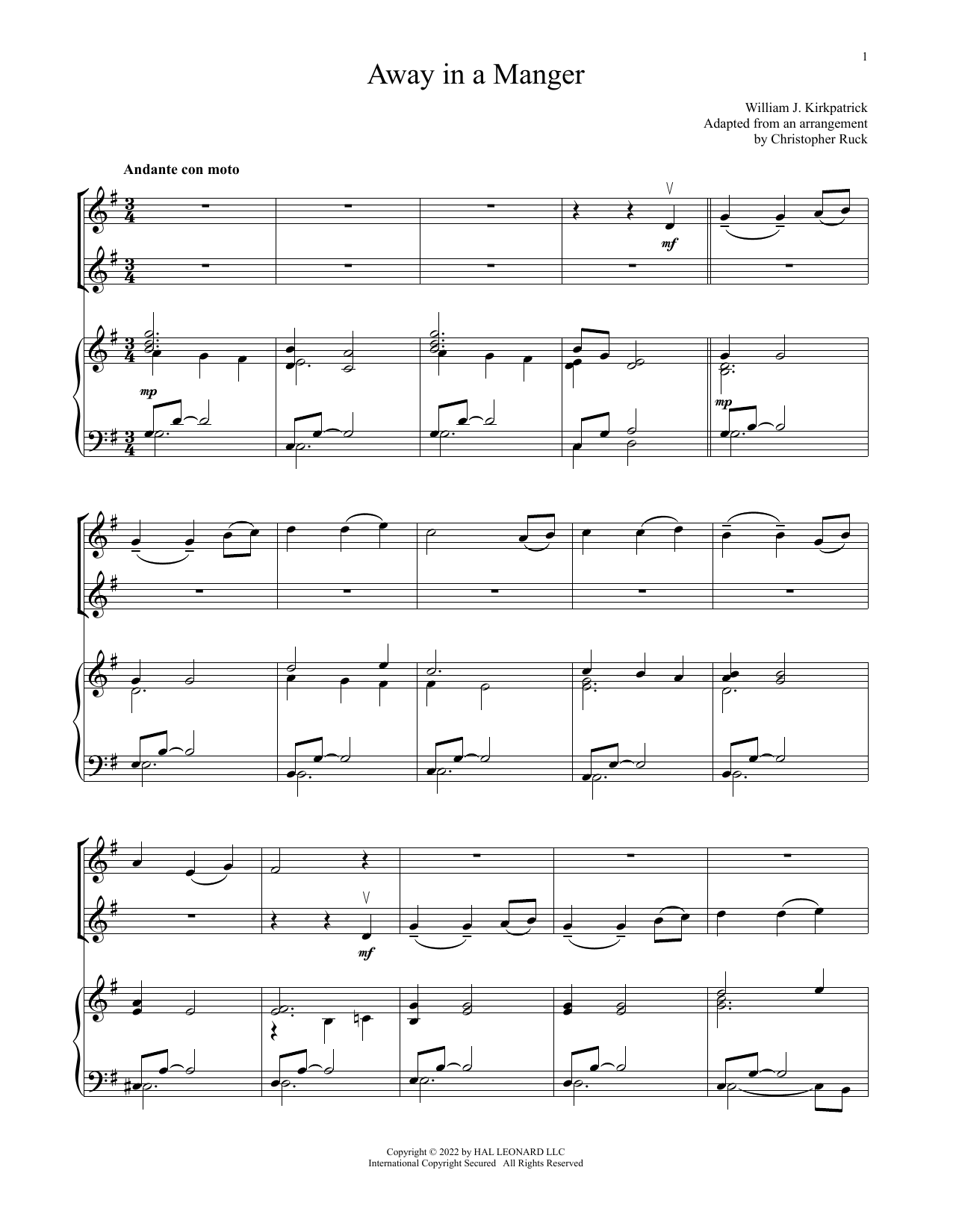 Traditional Away In A Manger (for Violin Duet and Piano) sheet music notes and chords arranged for Violin and Piano