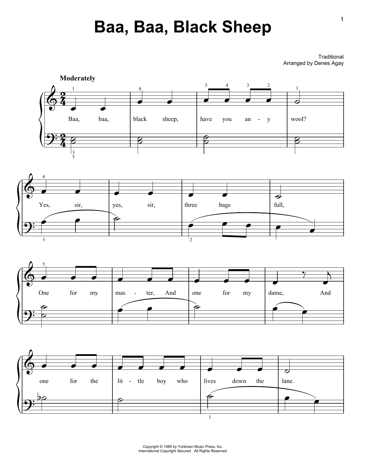 Traditional Baa Baa Black Sheep (arr. Denes Agay) sheet music notes and chords arranged for Easy Piano