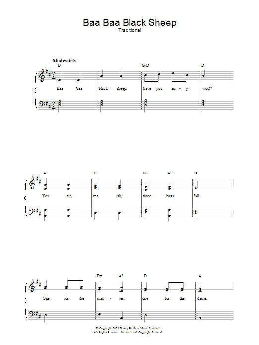Traditional Baa Baa Black Sheep sheet music notes and chords arranged for Lead Sheet / Fake Book