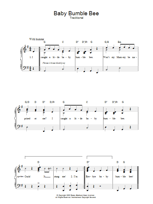 Traditional Baby Bumble Bee sheet music notes and chords arranged for Piano, Vocal & Guitar Chords