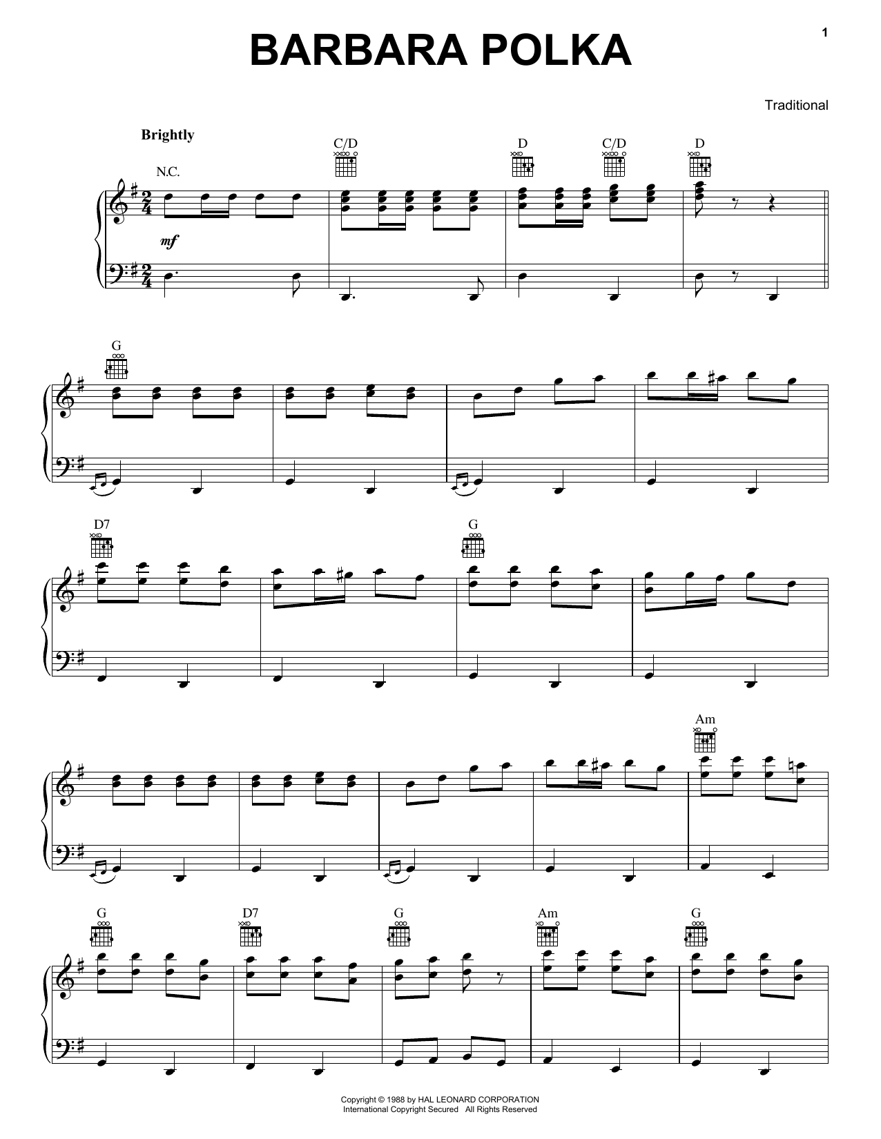 Traditional Barbara Polka sheet music notes and chords arranged for Piano, Vocal & Guitar Chords (Right-Hand Melody)