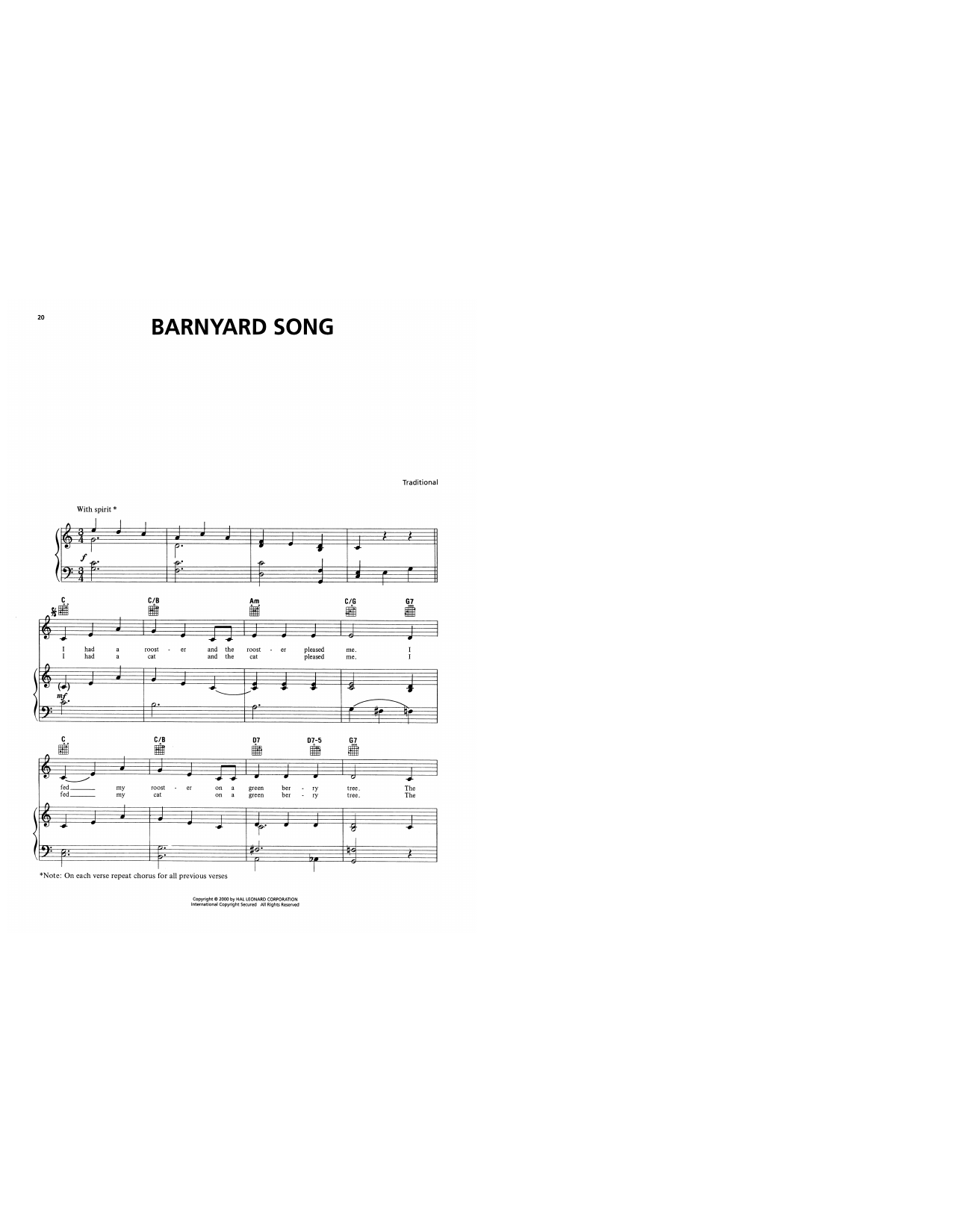 Traditional Barnyard Song sheet music notes and chords arranged for Piano, Vocal & Guitar Chords (Right-Hand Melody)