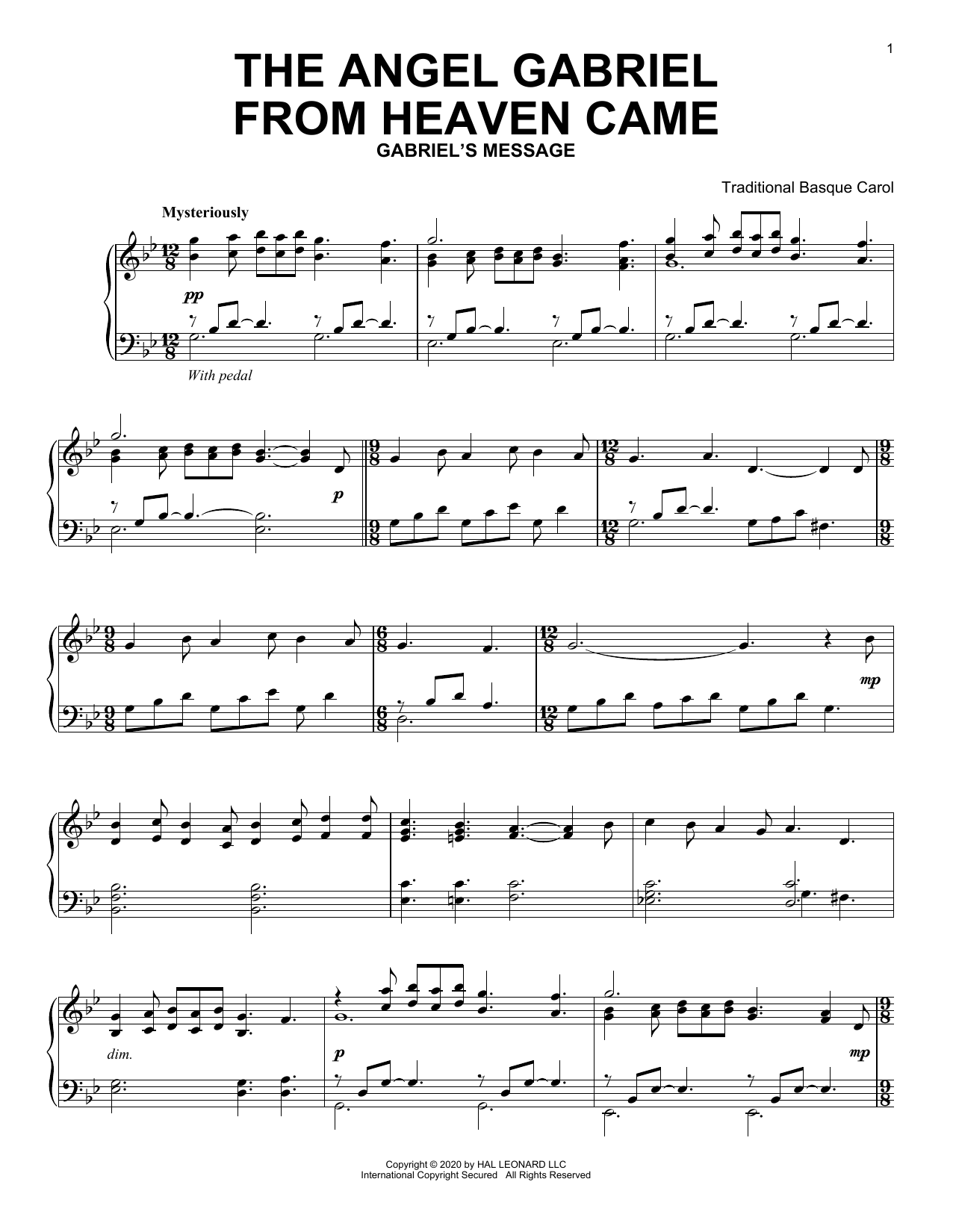Traditional Basque Carol The Angel Gabriel From Heaven Came sheet music notes and chords arranged for Piano Solo