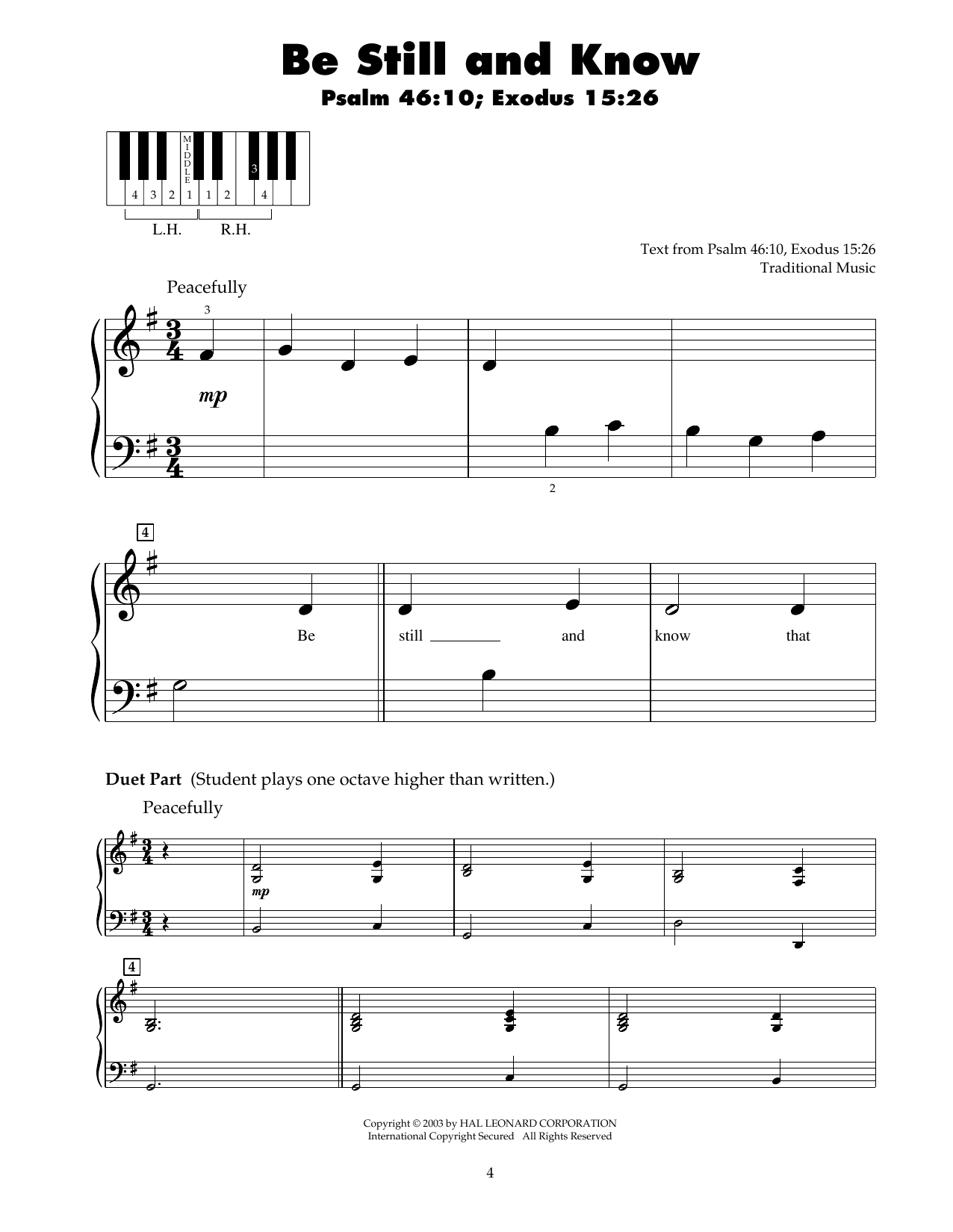 Traditional Be Still And Know sheet music notes and chords arranged for 5-Finger Piano