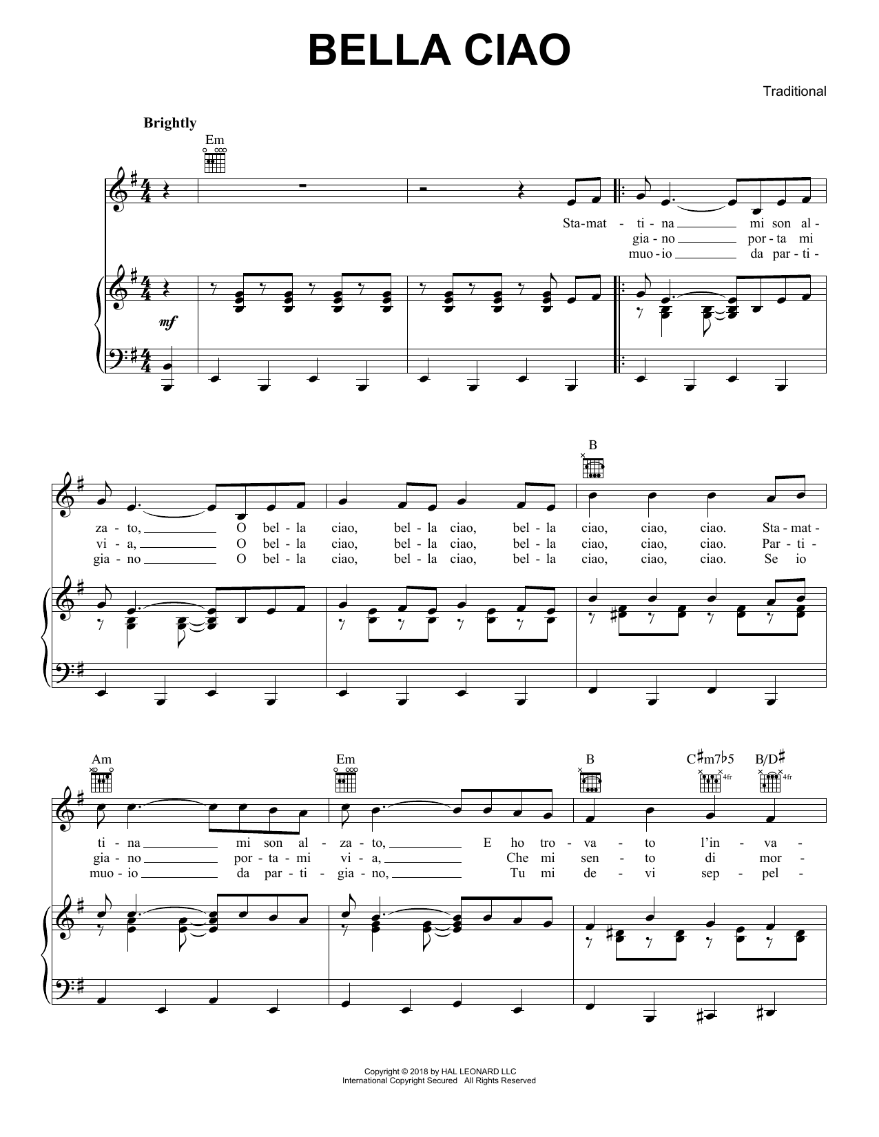 Traditional Bella Ciao sheet music notes and chords arranged for Piano, Vocal & Guitar Chords (Right-Hand Melody)